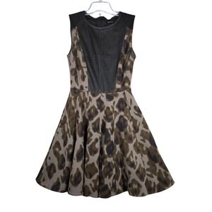Karen Millen Dress Women 6 Black‎ Green Leopard Cheetah Skater Fit & Flare Party
